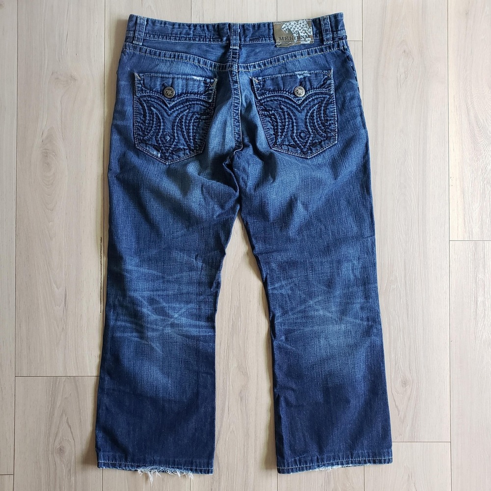 MEK Denim Houston Jeans Mens 36x32 Blue Dark Wash Bootcut Embroidered Button Fly